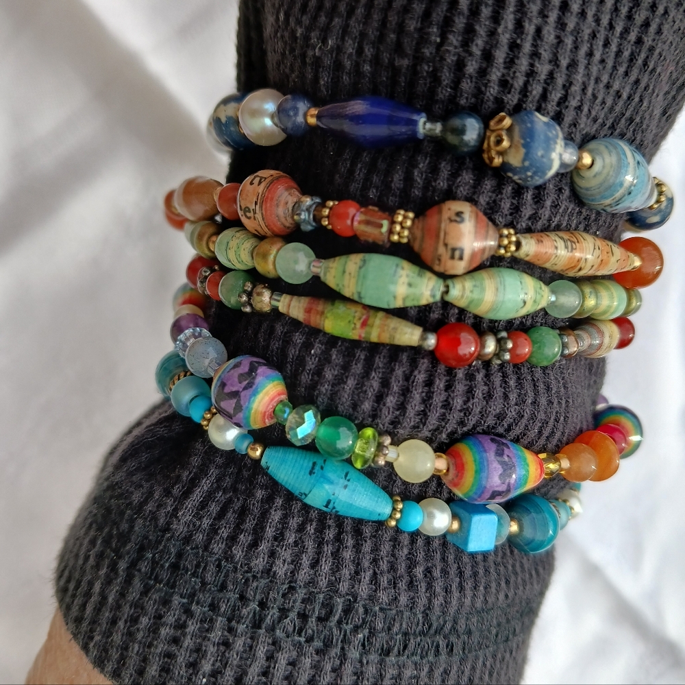 Beaded Bracelets, Set of 6, Handcrafted from recycled materials, EUC